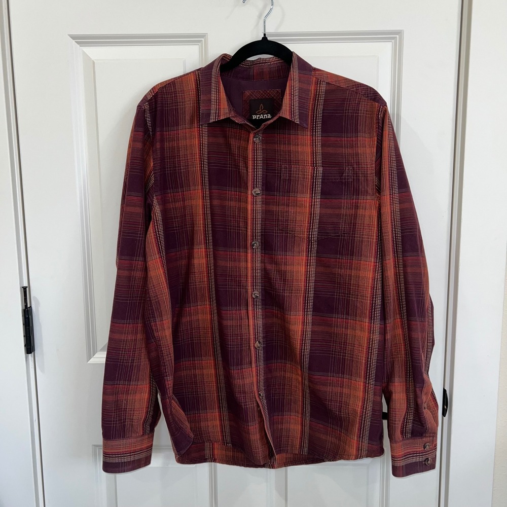 Prana Men's Plaid Long‎ Sleeve Button Down Shirt Purple Orange Size Medium